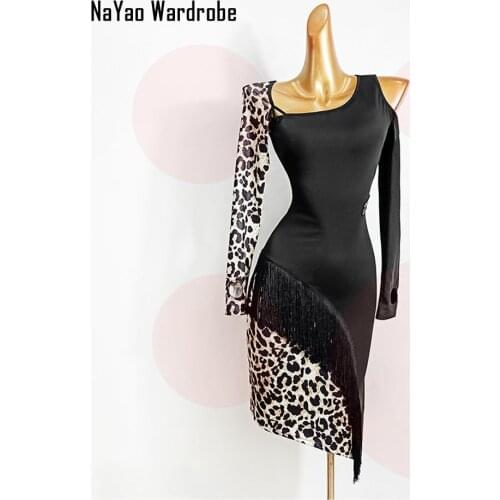 Leopard Patchwork Latin Dance Dress Women Tassel Finger Hole Long Sleeve Dancing Dress for Samba Tango Chacha Performamnce TL607
