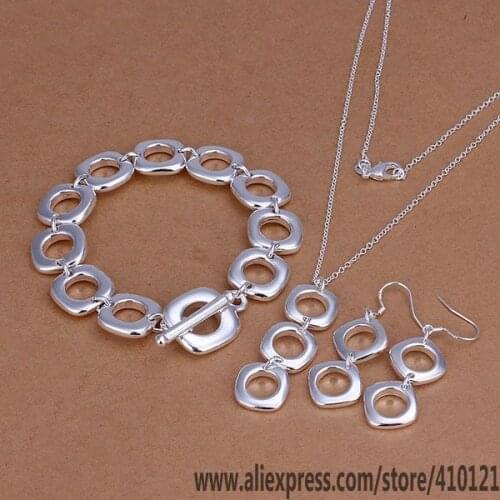 S163 Hot Sale Silver Color Fine Jewelry Sets,Wholesale High Quality Fashion Set Hollow Round Square Drop Earrings Bracelet