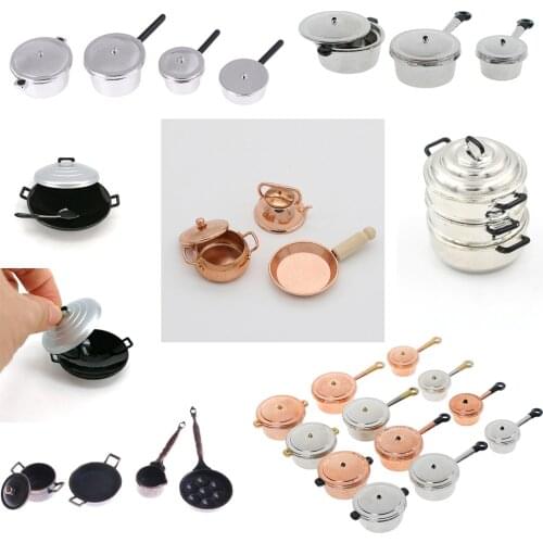 Simulation 1/12 Scale Dollhouse Miniature Frying Pan Cooking Pot Kettle Cookware Cooking Micro Steamer Kitchen Utensils Toy
