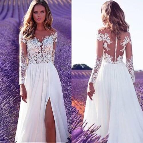 Fashion Illusion Neckline Long Sleeve Wedding Dresses Sexy Sheer Back A-Line Chiffon Bridal Gowns Split Side vestido de noiva