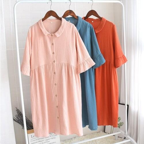 Summer 100% Cotton Nightdress Half-Sleeve Ruffled Women Sleepwear Solid Loose Leisure Night Dress Crepe Fabric Nightgown