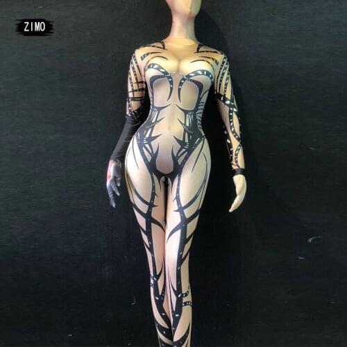 New Nude Color Tattoo 3d Printing Sexy Jumpsuit Women Nightclub Bar Party Stage Dance Costume Tights Singer Performance Costume