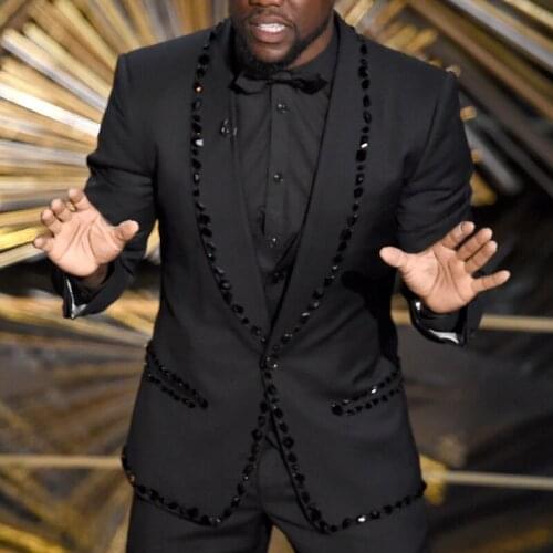 Beaded Slim Fit Men Suits for Prom Party Luxury 2 Piece Black Wedding Groom Tuxedo African Fashion Jacket with Pants New 2021