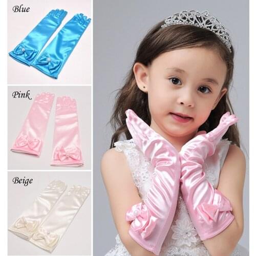 Wedding Party Flower Girl Child Long Stretch Elbow Satin Gloves Cute Girls Kids Finger White Pearl Bow Gloves Accessories