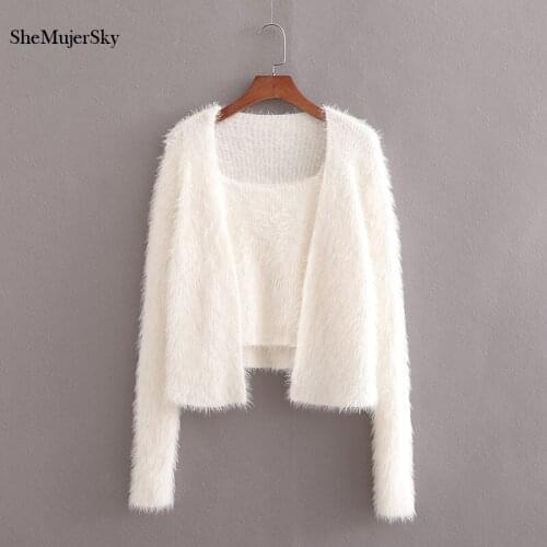 SheMujerSky Women Cardigan And Tops Set 2021 Fur Solid Color 2 Piece Set Autumn Spring Knitted Elastic Set
