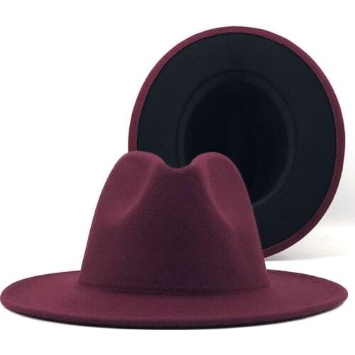 Simple Outer wine red Inner black Wool Felt Jazz Fedora Hats with Thin Belt Buckle Men Women Wide Brim Panama Trilby Cap X XL