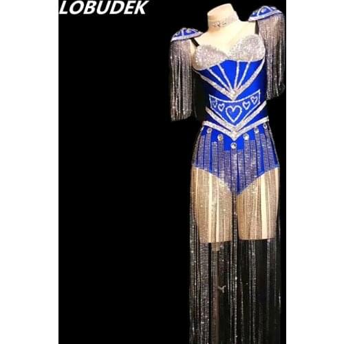 Blue Red White Black Sparkly Rhinestones Epaulet Tassel Bodysuit Fashion Women Singer DJ Dance Costume Nightclub Dancer Jumpsuit
