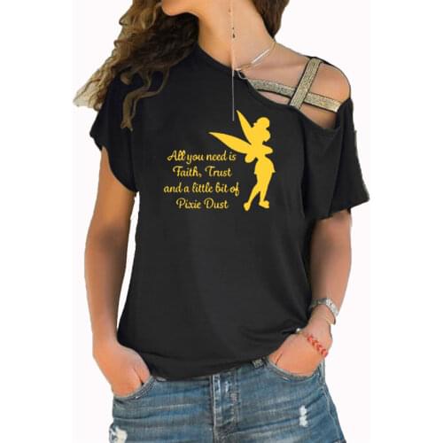 All you need is a little Faith Trust and Pixie Dust T shirt Femme Tinkerbell Printed Irregular Skew Cross Bandage Tshirt