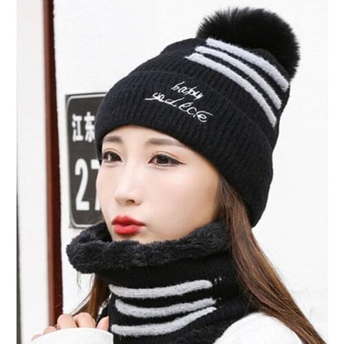 SILOQIN Two-piece Suit Neck Bib Knitted Woolen Hat Winter Womens Plus Velvet Thicken Warm Beanies Trendy Ladies Ski Sports Caps