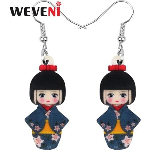 WEVENI Acrylic Japanese Cherry Blossoms Kimono Girl Doll Earrings Drop Dangle Jewelry For Women Girl Teen Kid Hot Sale Gift Bulk
