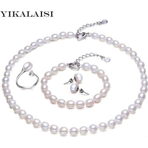 YIKALAISI 925 sterling Silver jewelry For Women Freshwater Pearl Jewelry Set Necklace/Bracelet/Ring/Stud Earrings