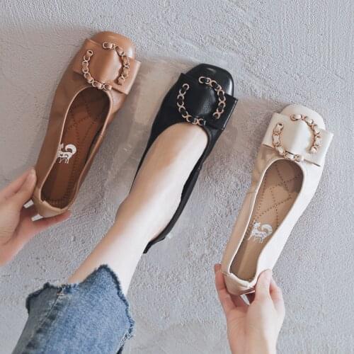 Peas Shoes Female 2019 summer Wild Soft Leather Soft Bottom Boat Leather Shallow Mouth Single Shoes Female Square Flat Bottom