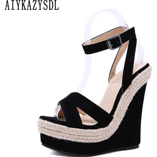 AIYKAZYSDL Women Espadrilles Ultra Very High Heels Cross Strap Platform Wedge Heels Fetish Party Cane Straw Fisherman Shoes