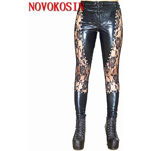 XX34 2017 Fashion New Women High Quality Faux Leather Drawstring Trousers XL Female Skinny PU Leather Legging Femme Lace Pants