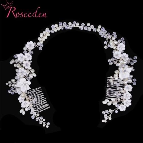 Delicate Silver Color Wedding Hair Jewelry Porcelain Flower Bridal Hair Comb Handmade Women Bride Prom Headpiece RE3519