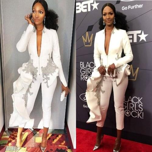 2021 Jumpsuits Prom Dresses with peplum train V Neck Long Sleeve Arabic Appliqued Dress Evening Gowns Tea Length Robe De Soiree