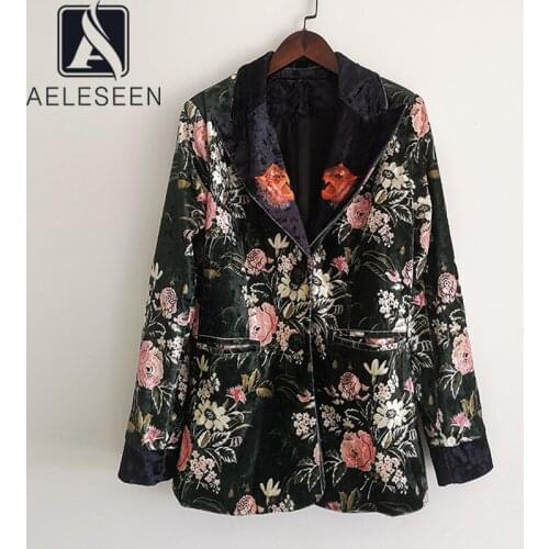 AELESEEN Runway Fashion Women Velvet Coat 2021 Autumn Winter High Quality Flower Print Jacket Outwear Elegant Coat