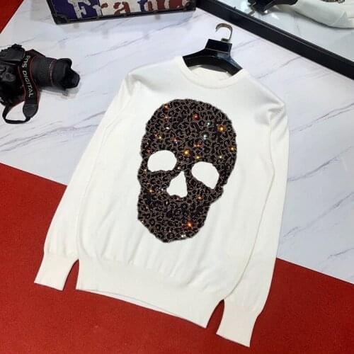 Winter Designer Warmth Thickening Skull Color Rhinestone Mens Sweater Slim Fashion Brand Knitted Pullover