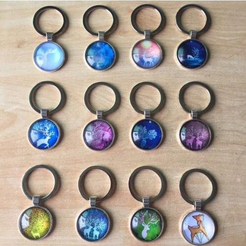 12Pcs Differnt Designs Christmas Deer Glass Cabochon Keyring Car Handbag Accessory Keychain Key Holder Christmas Gift
