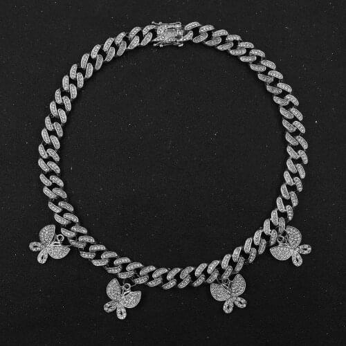 13MM Width Cuban Link Chain Necklace With 21MM Butterfly Charm Pendant Hip Hop Style For Women Dancer Rock Crystal Stone Gold CZ