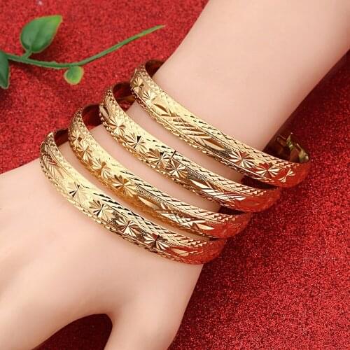 4pcs Dubai Gold Bangles for Women Men Gold Color Wide Bracelets African European Ethiopia Jewelry Bangles