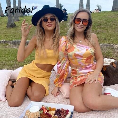 Foridol Geometric Print Satin Party Mini Dress Women One Shoulder Ruhced Bodycon Club Dress Autumn Winter Boho Dress Robe 2021