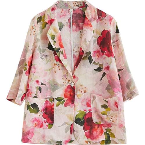 Cotton and Linen Blazers 2021 Summer Slim Fit All Match Thin Flower Printed Three-quarter Sleeves Girlfriends Top
