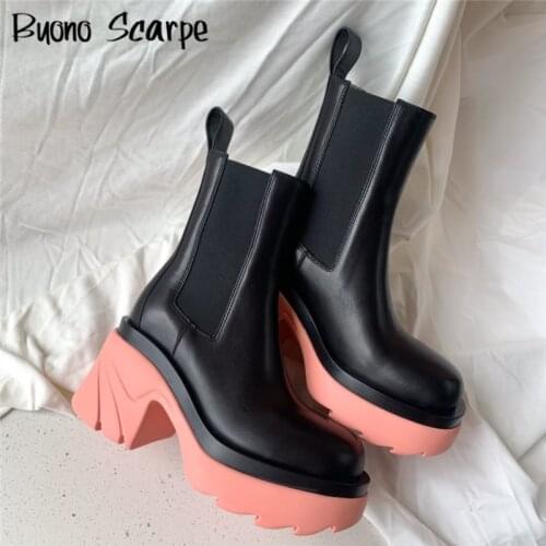 High Heel Platform Chelsea Boots New Pink Sole Mixed Color Elastic Band Runway Shoes Womens Winter Brand Fashion Knight Booties