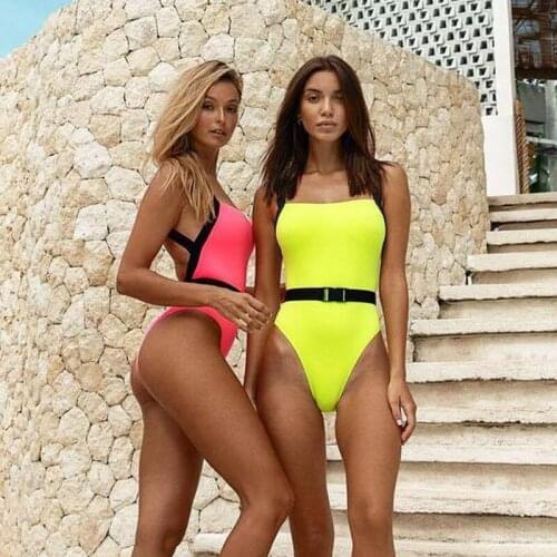 MYTENG Brazilian Sexy Neon Pink One Piece Swimsuit Women 2021 Mujer New Solid Badysuit Swimwear High Cut Beachwear Monokini