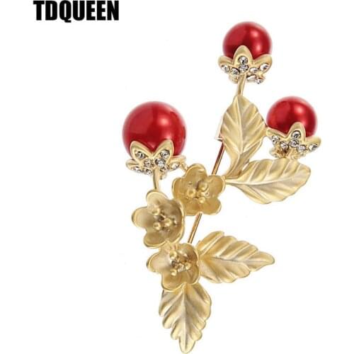 TDQUEEN Flower Brooch High Quality Matte Gold Color and Silver Plated Pins and Brooches Red Pearl Flower Broche for Women