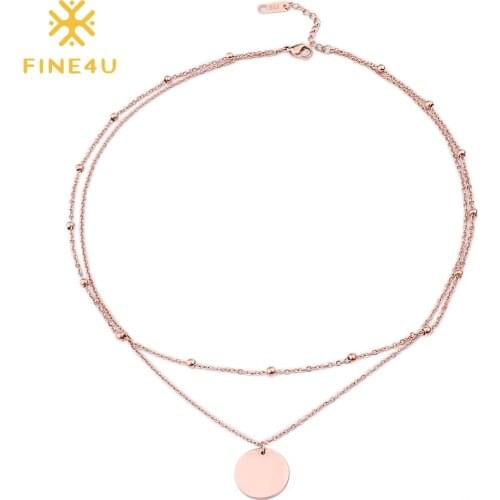FINE4U N277 Rose Gold Color Double Layered Choker Necklaces Stainless Steel Blank Coin Pendants Necklace Women Party Jewelry