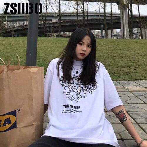 Korean T shirt personality portrait print Summer of ins Harajuku style O-neck loose round neck short-sleeved T-shirt women tide