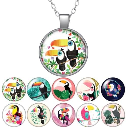 Cute Largirostrornis Lovely Birds Round Pendant Necklace 25mm Glass Cabochon Silver color Jewelry Women Party Birthday Gift 50cm