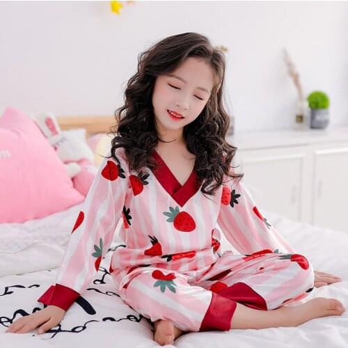 Girls Fashion Silk Pajamas Set Long-Sleeved CARTOON PRINT Suit Children Tops Shirts Sleepwear Pants Femme V Neck 2021 Satin Set