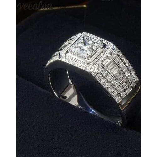 Vecalon Solitaire Male ring 925 Sterling Silver Cushion cut 1ct AAAAA Cz Engagement Wedding band rings For men Finger Jewelry