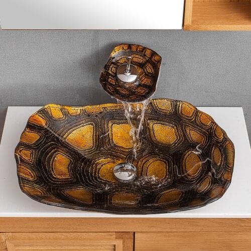 Bathroom Washbasin Tempered Glass Basin Sink Faucet Set Turtle Pattern Hand-Painted Waterfall Faucet Basin Vessel Vanity Sink