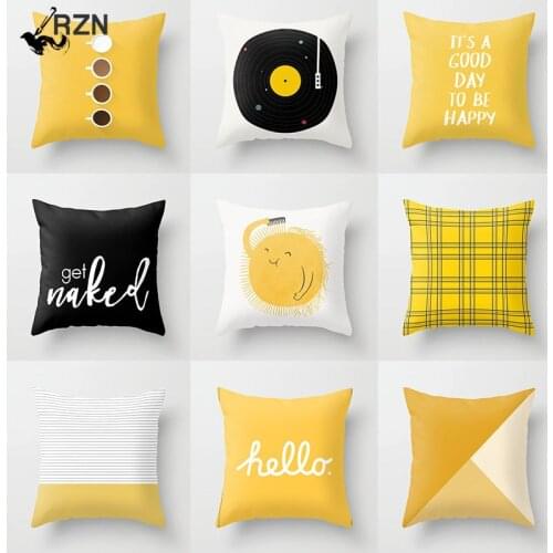 Yellow Cushion Cover Plaid Flower Letters Print Sofa Pillow Cases Bedroom Home Decor Car Office Decorative Accessories 45x45cm