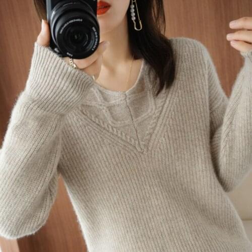 New ladies sweater V-neck sweater 100% pure wool knit pullover solid color basic sweater women loose plus size top