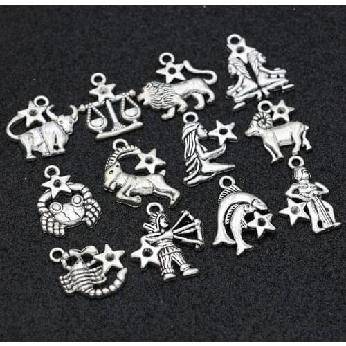 12pcs Antique Silver Plated Zodiac Charms constellation Pendant for Jewelry Making Bracelet Necklace DIY Accessories Craft Mix