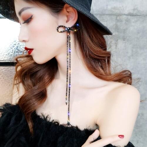 Exaggerated Rhinestone Chain Tassel Long Earrings Black Big Bowknot Earring Women Girls Bohemian Temperament Fashion Jewelry