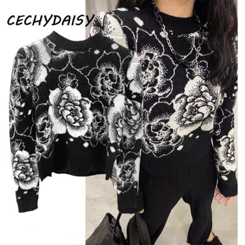 Vintage Sweater Designer Fashion Autumn Winter Clothes O-Neck Floral Printed Knitted Pullovers Casual Korean Jumper Tops 2020 Za