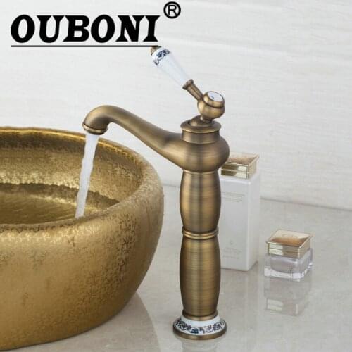 OUBONI Tall Basin Torneira Best Ceramic Single Handle Bathroom Antique Brass 97157 Deck Mounted Sink Faucets,Mixer Tap