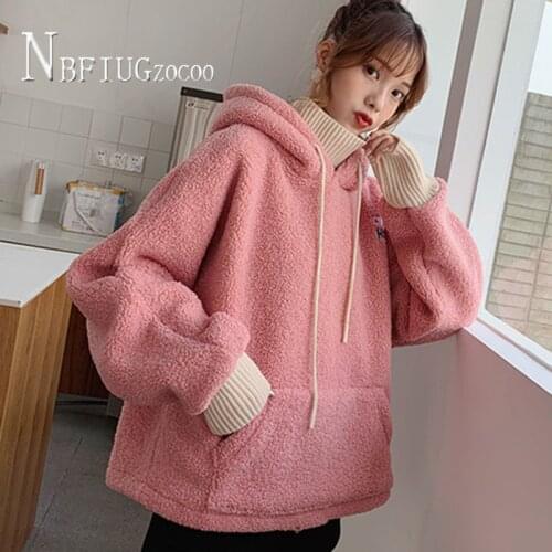 2020 Imitation Lambswool Loose Women Sweatshirts Thick Fluff Hooded Female Sweatshirts