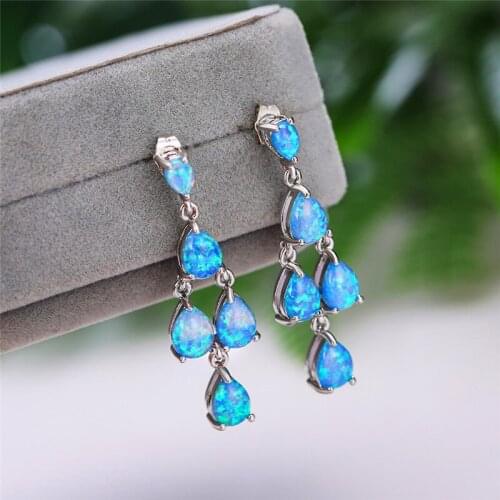 Female Luxury White Blue Opal Earrings Charm Water Drop Stone Long Tassel Earrings For Women Wedding Silver Color Dangle Earring