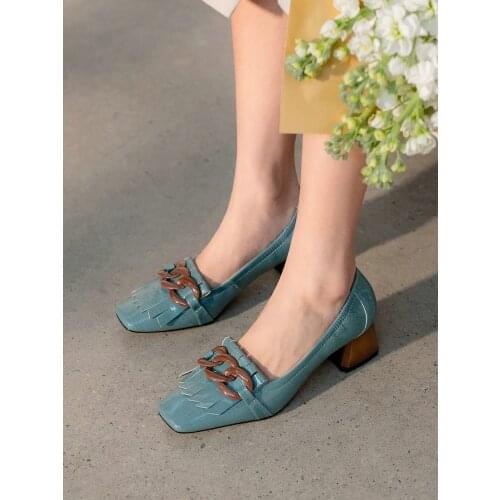 EshtonShero Square Toe Women Pumps New Fashion Genuine Leather Summer Ladies High Heels 4.5cm Shoes Retro Womens Wedding Shoes