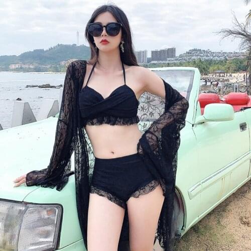 2021 Korean Sexy Lace Push Up Bikinis Female Swimwear Women Bathing Suit Swimsuit Female Beach High Waist Bikini Set Swimskirt