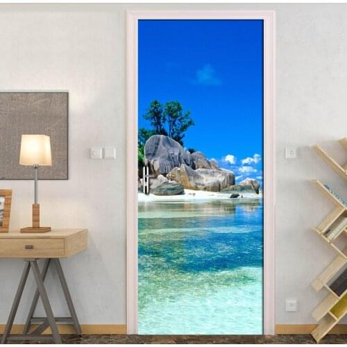 Blue Sky White Clouds Island Landscape 3D Door Sticker Photo Wall Paper Living Room Bedroom Waterproof Door Stickers Home Decor