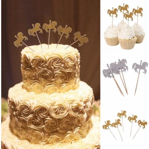 5pcs Glitter Rotating Horse Cupcake Picks Cake Toppers Party Wedding Decoration Gold/Silver