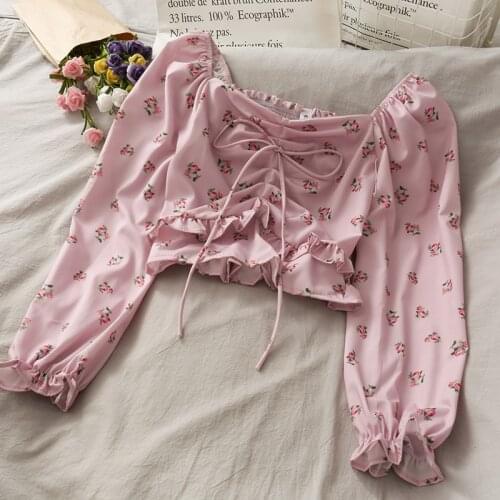 Abrini Women Blue Blouses Off Shoulder Crop Tops Long Sleeves Female Floral Printed Drawstring Tees Cute Beach Blouse Summer