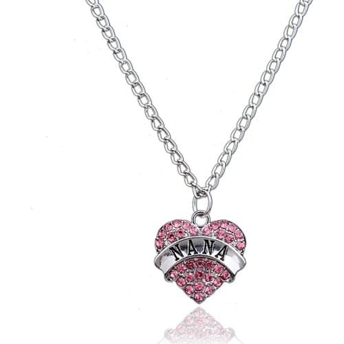 Bespmosp 24PCS/Lot Wholesale Pink Crystal NANA Heart Necklace Grandma Grandmother Charms Love Pendant Family Statement Jewelry